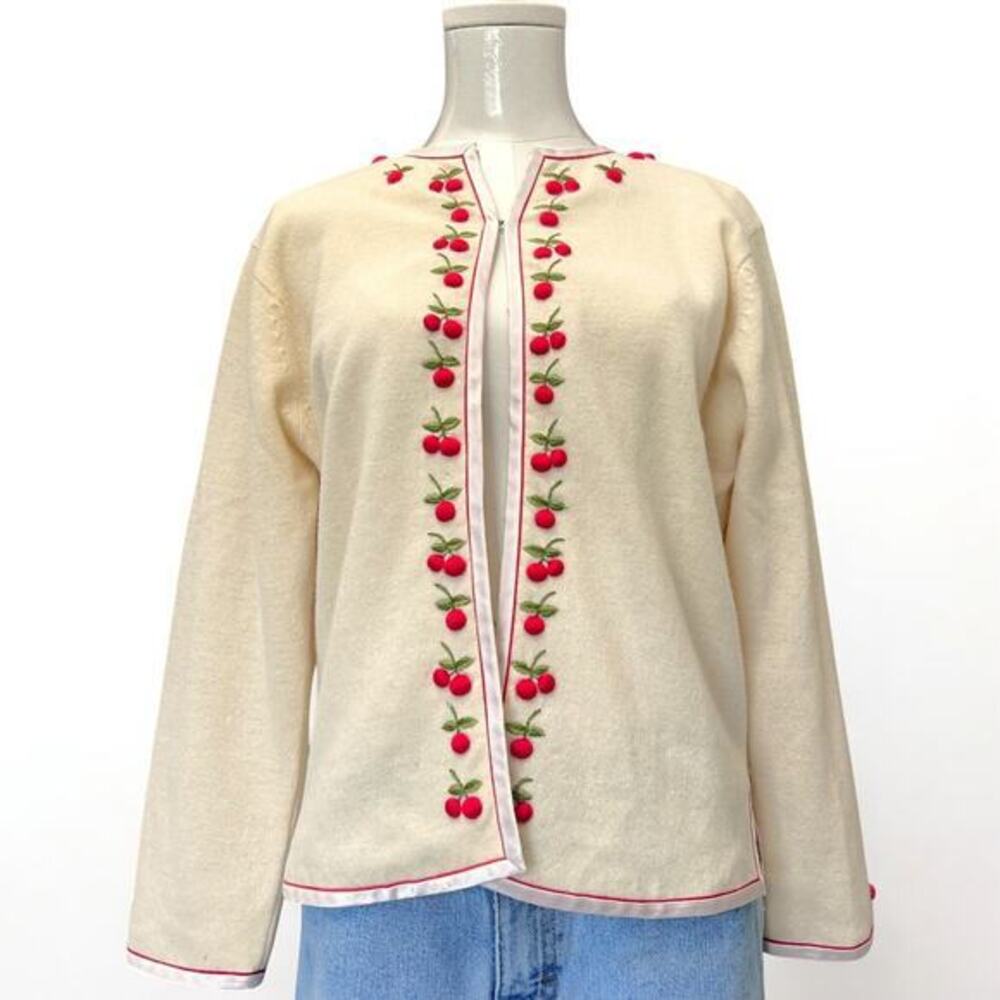 Vintage 1950s Rockabilly Cherry Embroidered Sweater Small
